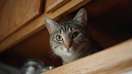 Close-up of a cat peeking out from under a wooden cabinet. the cat is a tabby with gray and black stripes and green eyes. it is looking directly at the camera with a curious expression.