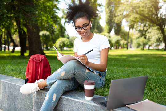E-Learning. African American Student Girl Preparing Lesson Using Laptop And Taking Notes Sitting Outside In Park. Modern Distance Education And Online Learning Concept