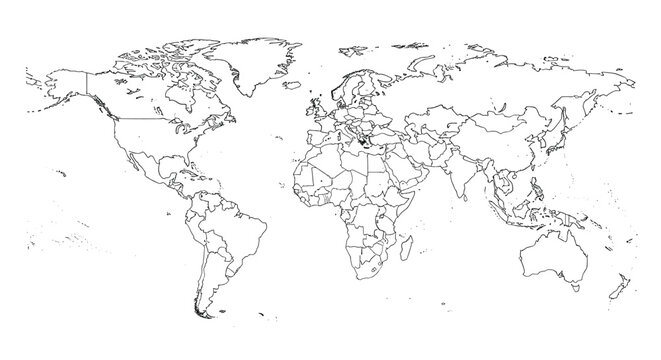 Detailed world map outline showing national borders of all countries in black lines over a plain white background.