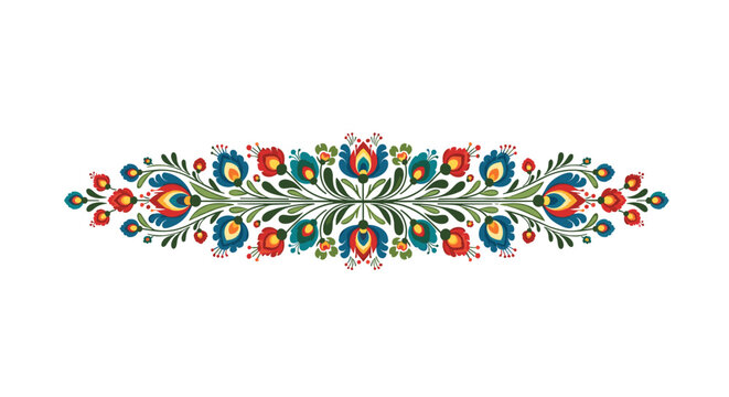 Traditional Polish folk art floral border with colorful symmetrical flowers and leaves in vibrant red blue and green tones.