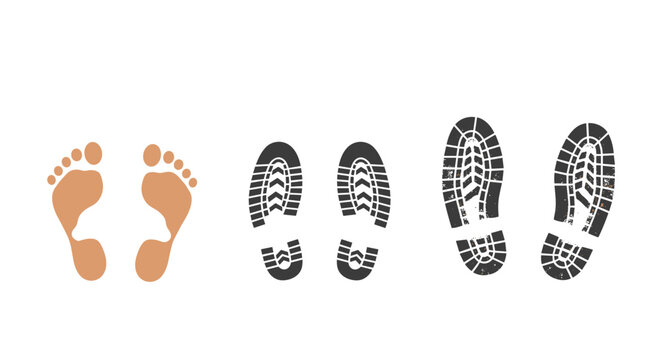 Comparison of human bare footprints and various shoe sole textures showing different tread patterns for forensic study.