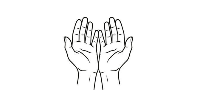 Simple black line drawing of two open human hands held together in a gesture of giving, receiving, or praying on white.
