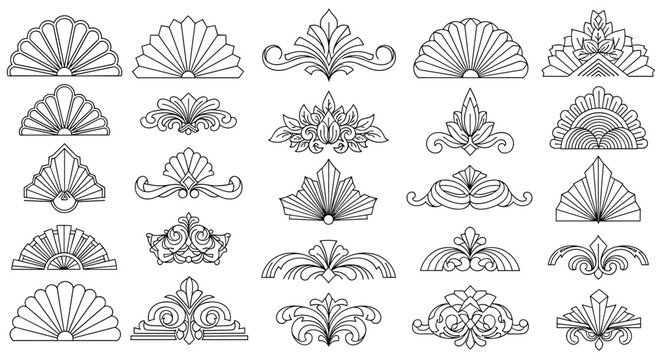 Collection of black and white ornamental dividers and fan shaped decorations inspired by classic architectural and floral design motifs.