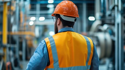 Industrial engineer wearing a hardhat and safety vest is supervising a production line inside a modern factory, ensuring smooth operations and innovative production processes