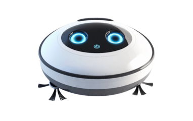 Cute cartoon robot vacuum cleaner with adorable design shown in a friendly three dimensional style isolated on transparent background PNG