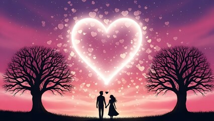 romantic couple silhouette under heart shaped light at sunset high quality professional