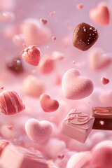 pastel pink valentine background, cute chocolate sweets floating softly, heart-shaped chocolates, strawberry chocolate, ribbons and small hearts, soft fluffy atmosphere, dreamy and sweet mood.