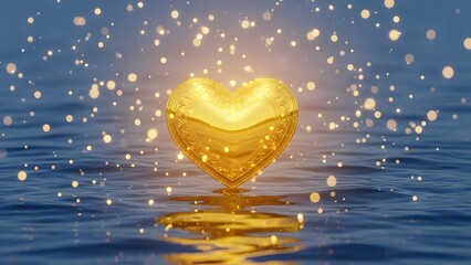 a golden heart shaped object floating on water with sparkles high quality