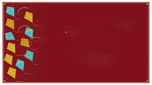 A festive red background with colorful kites flying along the border, symbolizing joy, freedom, and celebration of Makar Sankranti and Uttarayan, perfect for seasonal greetings and cards.