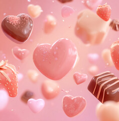 pastel pink valentine background, cute chocolate sweets floating softly, heart-shaped chocolates, strawberry chocolate, ribbons and small hearts, soft fluffy atmosphere, dreamy and sweet mood.