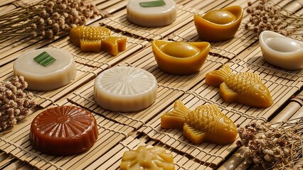 Traditional Asian Mooncakes with Lotus Seeds on Bamboo Mat.