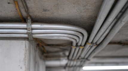 Close-up of a group of metal pipes hanging from the ceiling of a building. the pipes are arranged in a horizontal line and appear to be made of steel or aluminum.