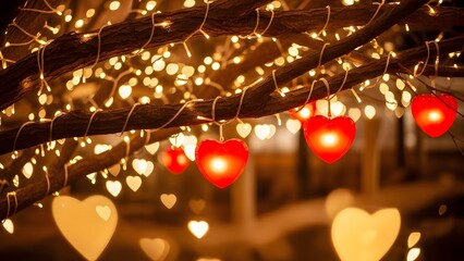 a close up view of heart shaped lights hanging from tree branches