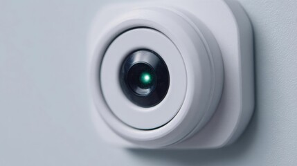 Close-up of a white security camera mounted on a white wall. the camera is circular in shape and has a black lens in the center.