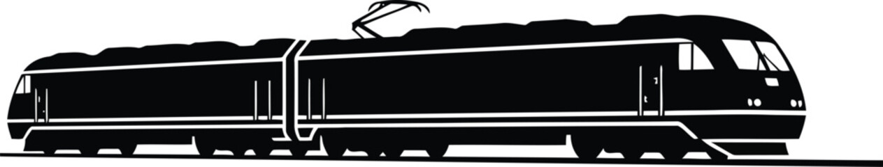 Black silhouette of an electric train with pantograph on white background © saju