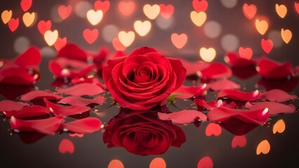 a red rose surrounded by heart shaped lights and rose petals