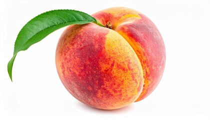Fototapeta premium Ripe peach with green leaf on white—vibrant red-orange hues and fuzzy texture highlight freshness and appeal.