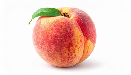 Ripe peach with green leaf on white&mdash;vibrant red-orange hues and fuzzy texture highlight freshness and appeal.