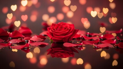 a red rose sitting on a reflective surface with heart lights
