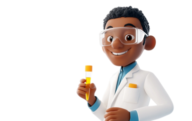 Friendly lab scientist character conducting experiments illustrated as a detailed animated cartoon isolated on transparent background PNG