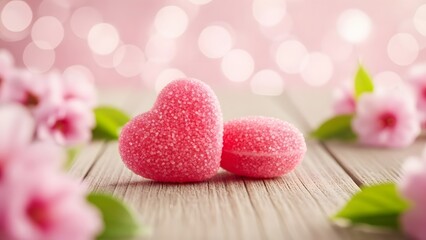 Pink heart and round candies on wooden table with flowers high quality