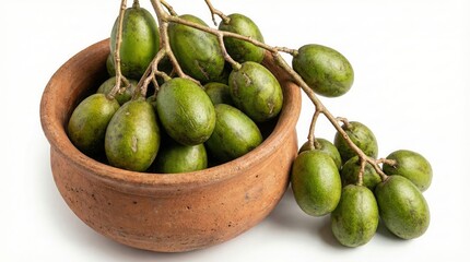 Fresh Green Ambarella fruits (June Plum) in a traditional clay pot, Spondias dulcis or Hog Plum tropical fruit cluster on a white background, isolated exotic seasonal fruit for healthy diet and juice.