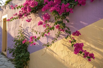 Vibrant pink bougainvillea flowers cascade down a textured wall painted in soft yellow and lavender, bathed in warm golden hour sunlight.