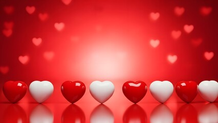 a row of red and white hearts on a reflective surface with a bright light