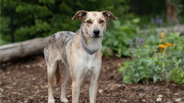 Photograph of a dog standing in a garden. the dog is a mix breed with a brown and black coat. it has a black collar around its neck and is looking directly at the camera with a curious expression.