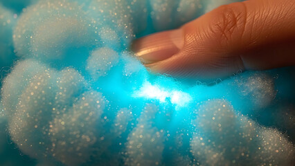 Fototapeta premium Delicate human touch ignites a vibrant, ethereal blue glow within a soft, sparkling textured material, creating a captivating sensory experience and hinting at future interactive technologies
