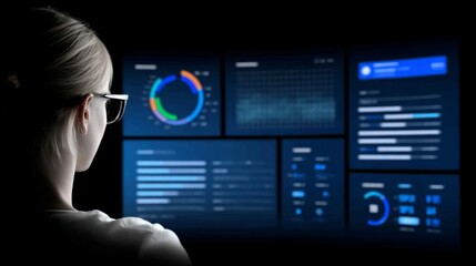 Over the Shoulder Shot of a Woman Working on Artificial Intelligence with Multiple Data Displays in a Modern Workspace Environment