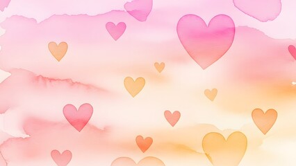 a watercolor background with pink and yellow hearts floating around high quality