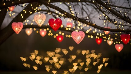 romantic heart shaped lanterns hanging from a tree branch with string lights