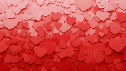A large number of red paper hearts in various shades and sizes