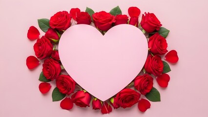 a heart shaped frame filled with red roses and petals on pink background