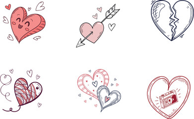 Collection of hand-drawn heart illustrations including romantic icons