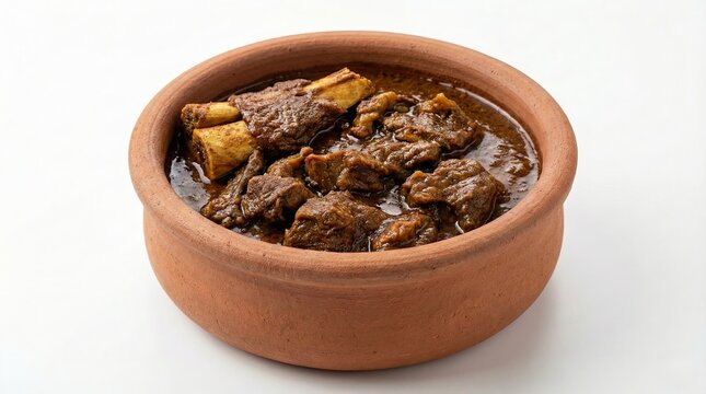 Traditional Kerala Style Spicy Beef Curry in a Clay Pot - Authentic South Indian Slow-Cooked Meat Gravy with Spices, Healthy Homemade Food Photography Isolated on White Background.