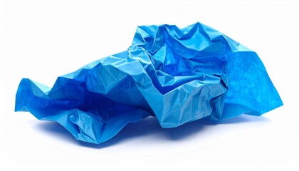 Crumpled blue material with vivid folds&mdash;textured surface and abstract form on white background.