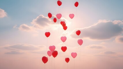 heart shaped balloons floating gently in the air with clouds high quality