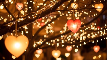 heart shaped lights hanging from tree branches with warm glow high quality