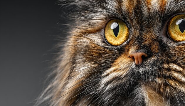 Elegant Portrait of a Brown Tortoiseshell Persian Cat with Captivating Eyes on Soft Gray Background