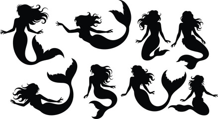 Mermaid silhouette set, black fantasy sea siren poses, mythical underwater female characters collection, ocean fairytale vector illustration design