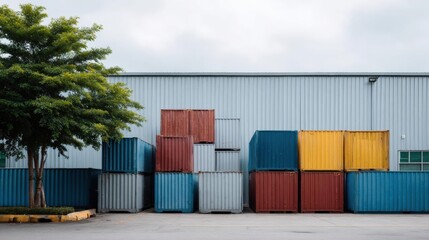 Fototapeta premium Group of colorful shipping containers stacked on top of each other in front of a large industrial building.