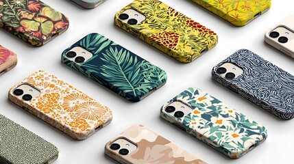 Colorful floral and patterned phone cases arranged on a bright white surface