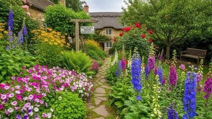 Fototapeta premium Beautiful garden with vibrant flowers and stone pathway to cottage