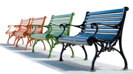 A row of vibrant metal park benches in shades of orange green and blue