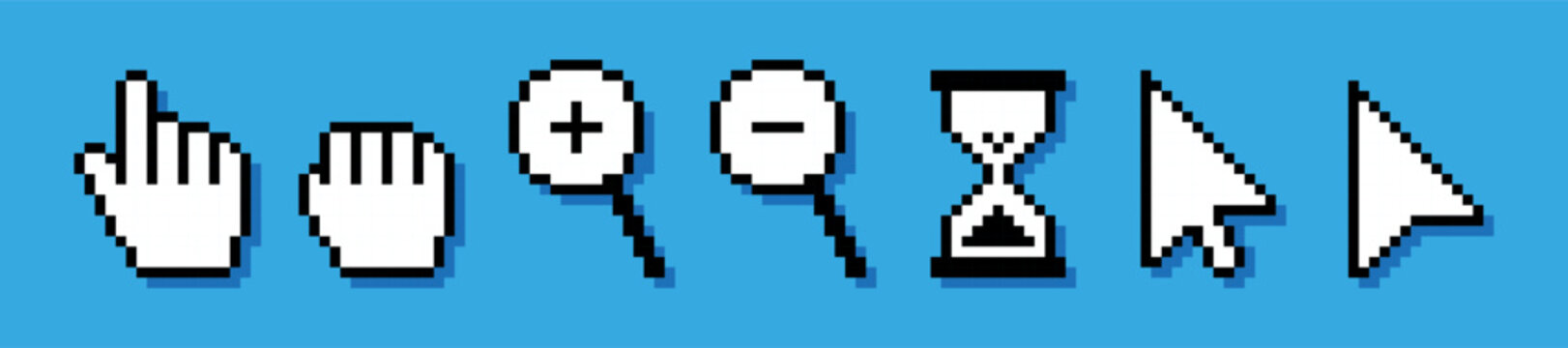 Pixel art cursor, computer mouse pointer icons. Pixelated vector illustration of arrow, hand click pointers, magnifier and hourglass. Retro 8 bit pixel cursors set