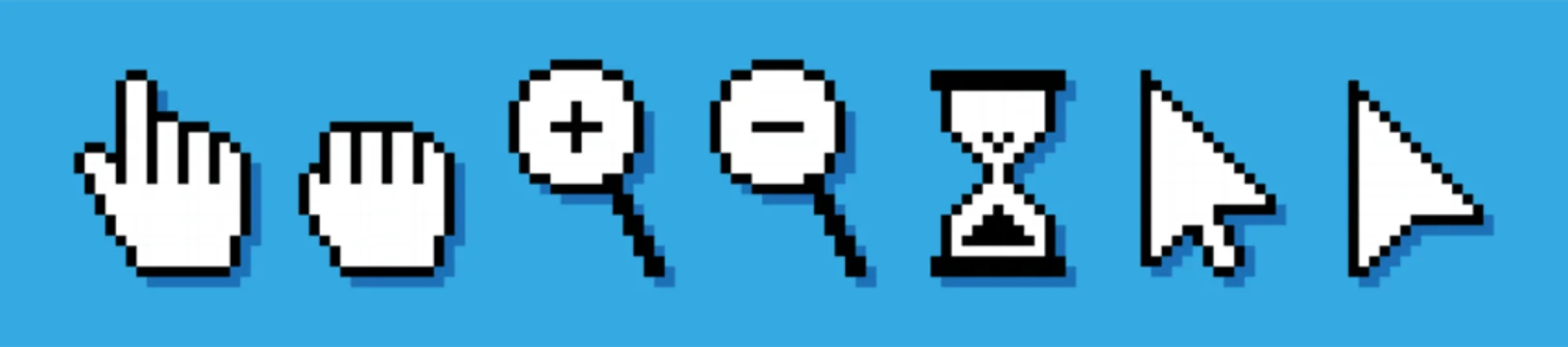 Pixel art cursor, computer mouse pointer icons. Pixelated vector illustration of arrow, hand click pointers, magnifier and hourglass. Retro 8 bit pixel cursors set