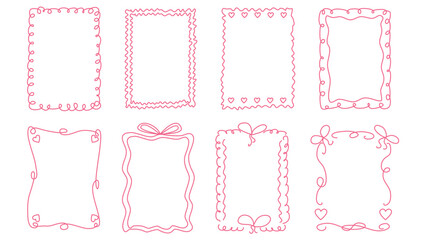 Set of whimsical hand drawn frames in flirty style. Delicate, romantic and casual borders for weddings and Valentines Day. Templates for cards, posters and brochures, vector graphics