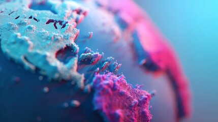 3d world map with soft focus and glowing vibrant blue and pink lighting, modern abstract global visualization with futuristic neon colors and illuminated continents